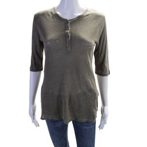 Majestic Paris Womens Linen Short Sleeve Henley Button Up Top Green Size 2